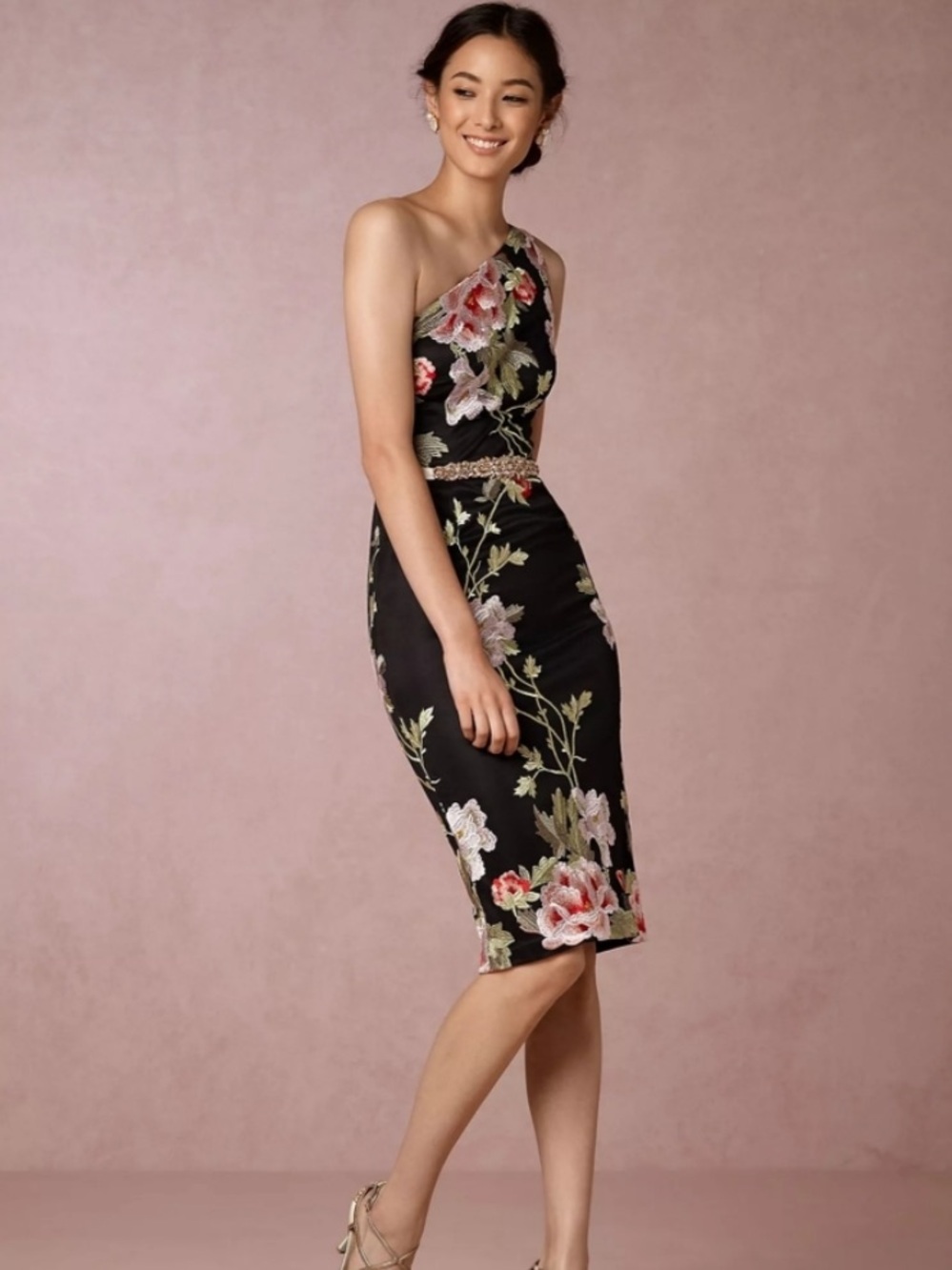 Anthropologie David Meister NWT Black Floral Lorene OneShoulder Embroidery Dress